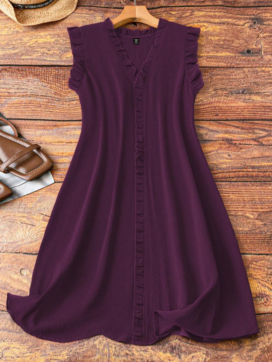 Linhara Plus Size Women Ruffle Trim V-Neck Sleeveless Casual Dress, Comfortable For Everyday And Commute Wear - Purple - View 1