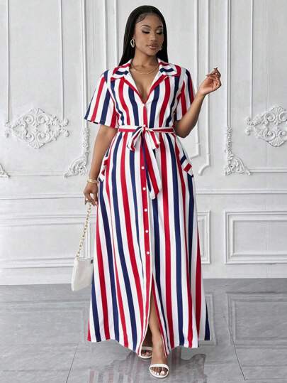 Maweii Vestido camisero de talla grande con estampado de rayas y flores