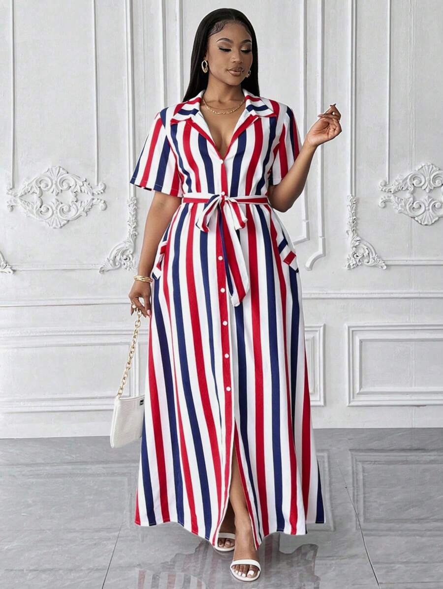 Maweii 大码女式条纹花卉印花衬衫裙 - 彩色 - 查看 1