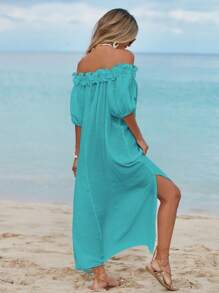 Swim Vcay Women's Summer Beach Ruffled Shoulder Midi Dress, Sexy Beach Dress, Lantern Sleeve Loose Wedding Guest Split Dress - Cadet Blue - View 2