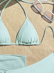 Bộ 3 món: Bộ đồ bơi bikini buộc dây màu trơn gợi cảm dành cho nữ + váy che phủ phù hợp cho kỳ nghỉ hè trên bãi biển - Màu xanh nhạt - Xem 5