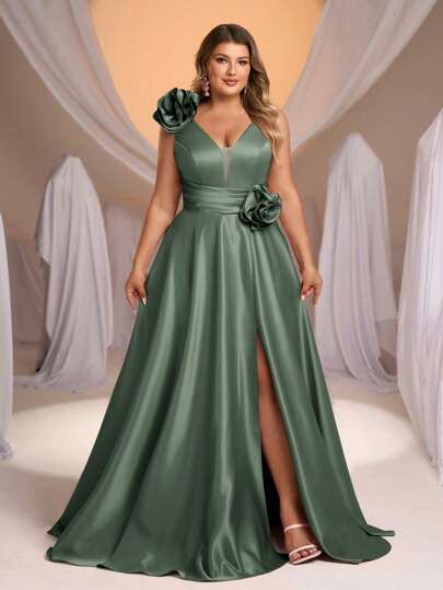 Glamrae Plus Size Elegant & Luxurious Satin Pleated V-Neck 3D Floral Decor High Split A-Line Skirt, Suitable For Weddings, Parties, Graduations, Holidays, Formal Events (Heavy Work)