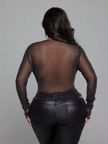 NU&NOW 大码女式立领长袖闪亮网眼透明性感上衣 - 黑色 - 查看 3