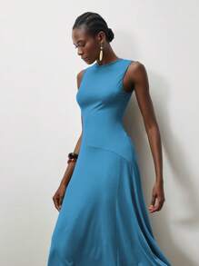 Lumivelle 女式无袖纯色圆领不对称下摆连衣裙，春夏