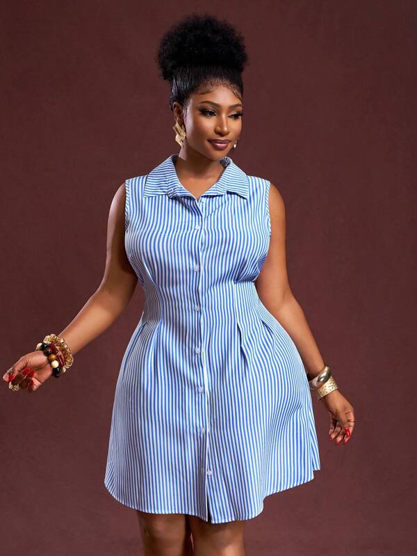 Veslaya 2025 Spring & Summer New Women Plus Size Elegant Commuter Casual Office Blue & White Striped Woven Fabric Sleeveless Waist Cinched Shirt Dress,Old Money Style Women,Business Casual Woman Plus Size Striped Dress Striped Dress For Women Blue Striped Dress