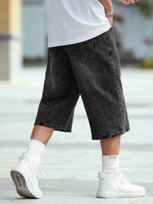 Manfinity Homme Pantaloni scurți din denim pentru bărbați, cu buzunar, lejer, casual, versatil, cu picior larg, stil streetwear - Gri - Vizualizare 2