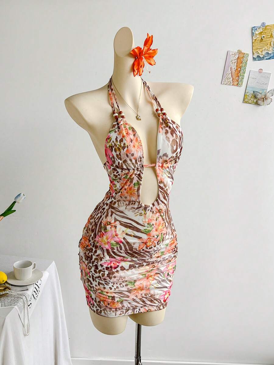 Soleia Đầm bó sát hở lưng in họa tiết báo hoa cho nữ, cổ chữ V sâu, thích hợp cho tiệc tùng, hẹn hò, trà chiều, lễ hội âm nhạc, lễ hội hóa trang, gợi cảm & thời trang, trang phục đi biển, mùa hè - Nhiều màu - Xem 1