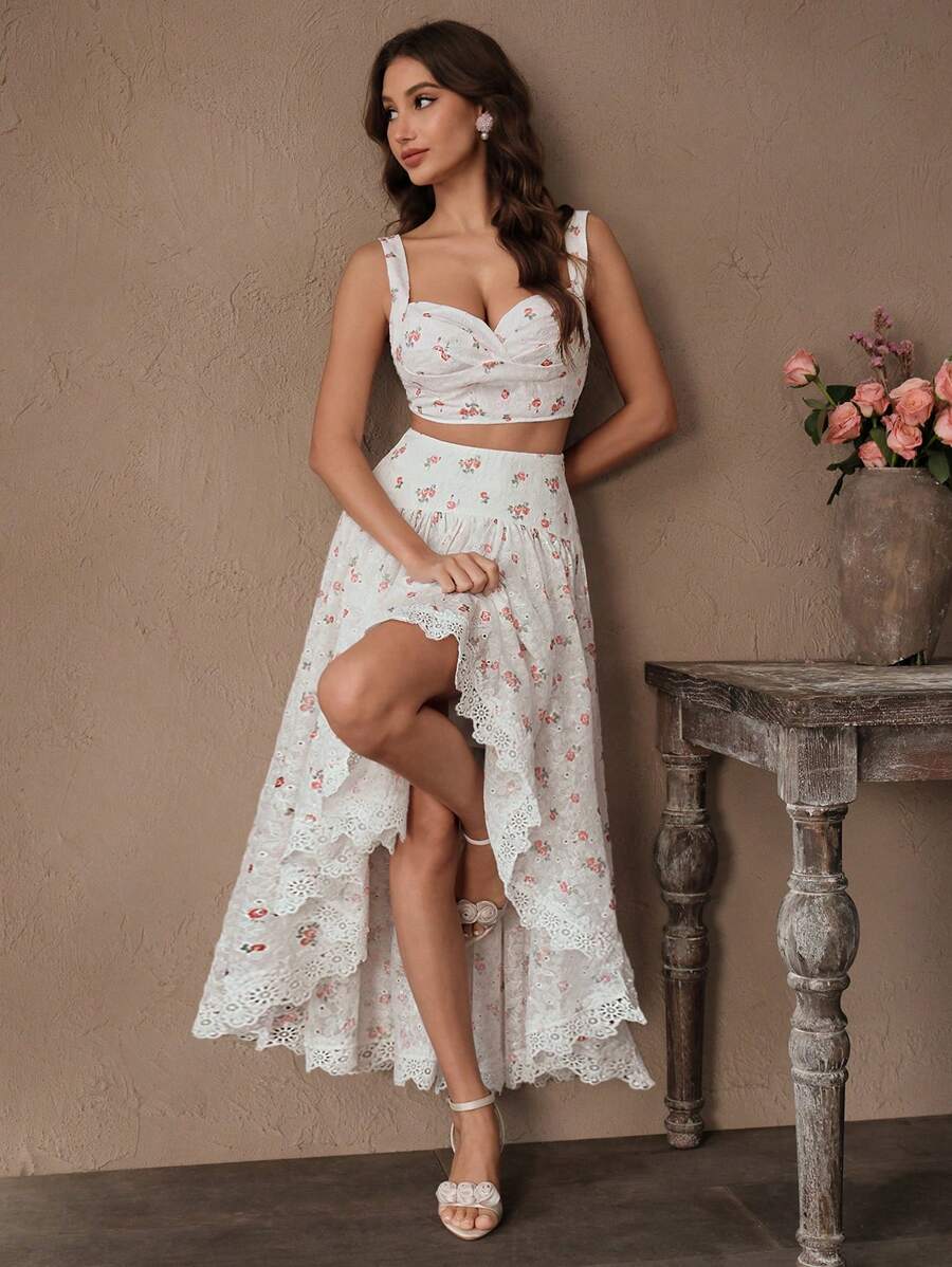 SHEIN Unity Ensemble de deux pièces femme avec top brassière brodé floral élégant pour vacances/rendez-vous et jupe asymétrique en patchwork de dentelle - Rouge et Blanc - Voir 1
