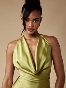 MISSGUIDED Luxury Cowl Neck Maxi Evening Gown Satin Halter Formal Dress Open Back Floor Length Special Occasion Wedding Guest Dress