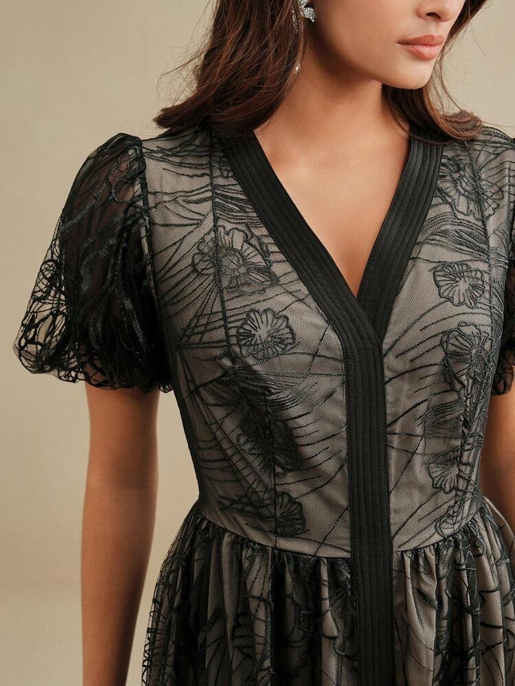 Elegant V-Neck Jacquard Mesh High Slit Maxi Dress