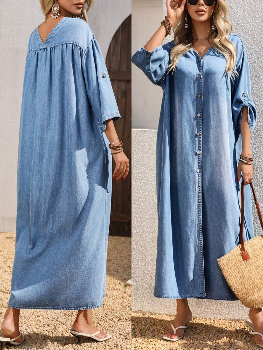 SHEIN Tall Fashionable Casual Button-Up Pleated Washed Long Denim Dress - Light Wash - View 1