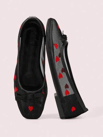 CUCCOO DOLLMOD Women's Square Toe Flat Fashion Black Mesh Heart Bow Ballet Flats, Comfortable Breathable Ladies Casual Shoes