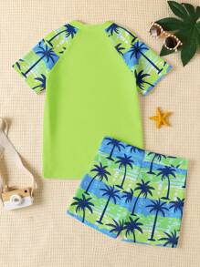 SHEIN Tween Boy Casual Minimalist Round Neck Short Sleeve Shorts Swimsuit Set, Suitable For Summer