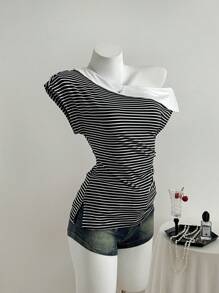 Franclia Black & White Stripes Fashion Avant-Garde Slouchy French Style Women's T-Shirt Women's Summer Top Off-The-Shoulder Top - Multicolor - View 4