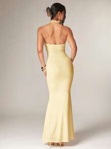 Silquee Women's Elegant Overlapping Design Long Sleeve Maxi Dress, Front Center Slit, Metal Button Decor, Stretchy Knit Fabric, Suitable For Party, Cocktail And Romantic Date, Autumn/Winter, Yellow Formal Dress Gold Formal Dresses For Women Glamorous Gown Goddess Dress Slaydiva Dresses Yellow Gown Halter Neck Gown