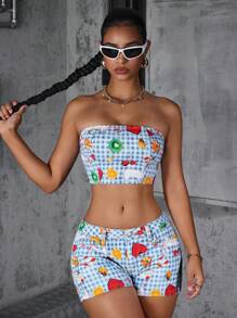 Jeanoix Women's Denim Fruit Print Cropped Bandeau Top