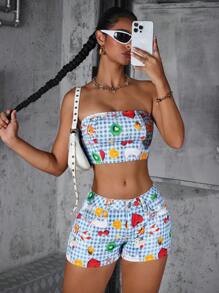 Jeanoix Women's Denim Fruit Print Cropped Bandeau Top