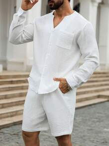 Manfinity Homme 男士纯棉长袖衬衫和短裤套装 - 白色 - 查看 6
