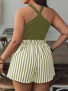 SHEIN VCAY Plus Size Women Holiday Solid Color Halter Top And Striped Shorts 2 Pieces Set - Army Green - View 2