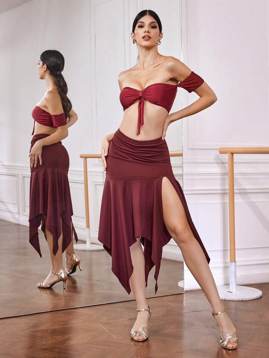 Menodora SHEIN Sport 女士纯色荷叶边下摆开叉运动裙和短裤 - 酒紅色 - 查看 1