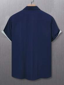 Manfinity RSRT Young Men's Fashionable Casual Short Sleeve Shirt, Slim Fit Button-Down Shirt With Modern And Abstract Geometric Pattern Design, Clean And Contemporary, Adds Structural And Visual Interest, Suitable For Business Casual, Daily Commute, Leisure Holiday Or Semi-Formal Occasions, Holiday Gift, Boyfriend Gift - Navy Blue - View 2