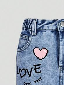 Tween Girls Y2K Style Denim Shorts, Spring/Summer New, Heart, Floral & Graffiti Print, Ripped, Casual & Versatile, Fashion Tween Girls Jeans Shorts - Medium Wash - View 5