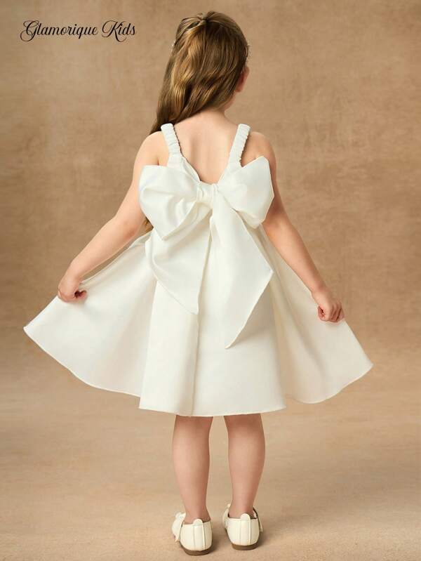 SHEIN Glamorique Kids Girls Princess Style Dress, Flower Girl Dress, White Satin Fabric Strappy Dress, Back Tied Big Bow, Suitable For Birthday Party, Wedding, Festival, Europe & Middle East Styles White Bow Dress