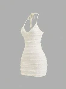 Sweetra Vestido mini informal con textura de punto, volantes, espalda descubierta y nudos, ligero para mujer, ideal para primavera/verano