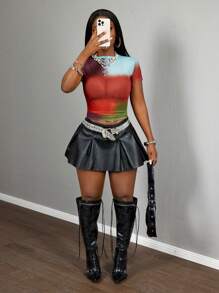 Slaydiva 2025 Autumn New Plus Size Women's Casual Street Style Sexy Sheer Mesh Color Block Patchwork Print Short Sleeve Fitted Blouse, Suitable For Music Festivals, Sexy Street Style, Graduation Season, Western Nomadic Style, Bohemian Style, Daily Outings, Motorcycle Sports, Clubs, Bombshell, Birthday Parties, Student Wear, Basic Versatile, Casual, Vacation, Cruise Travel, Beach, Sunbathing, Viral , Party Gatherings