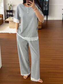 DAZY 2件套女士宽松条纹短袖睡衣套装 - 灰色 - 查看 4