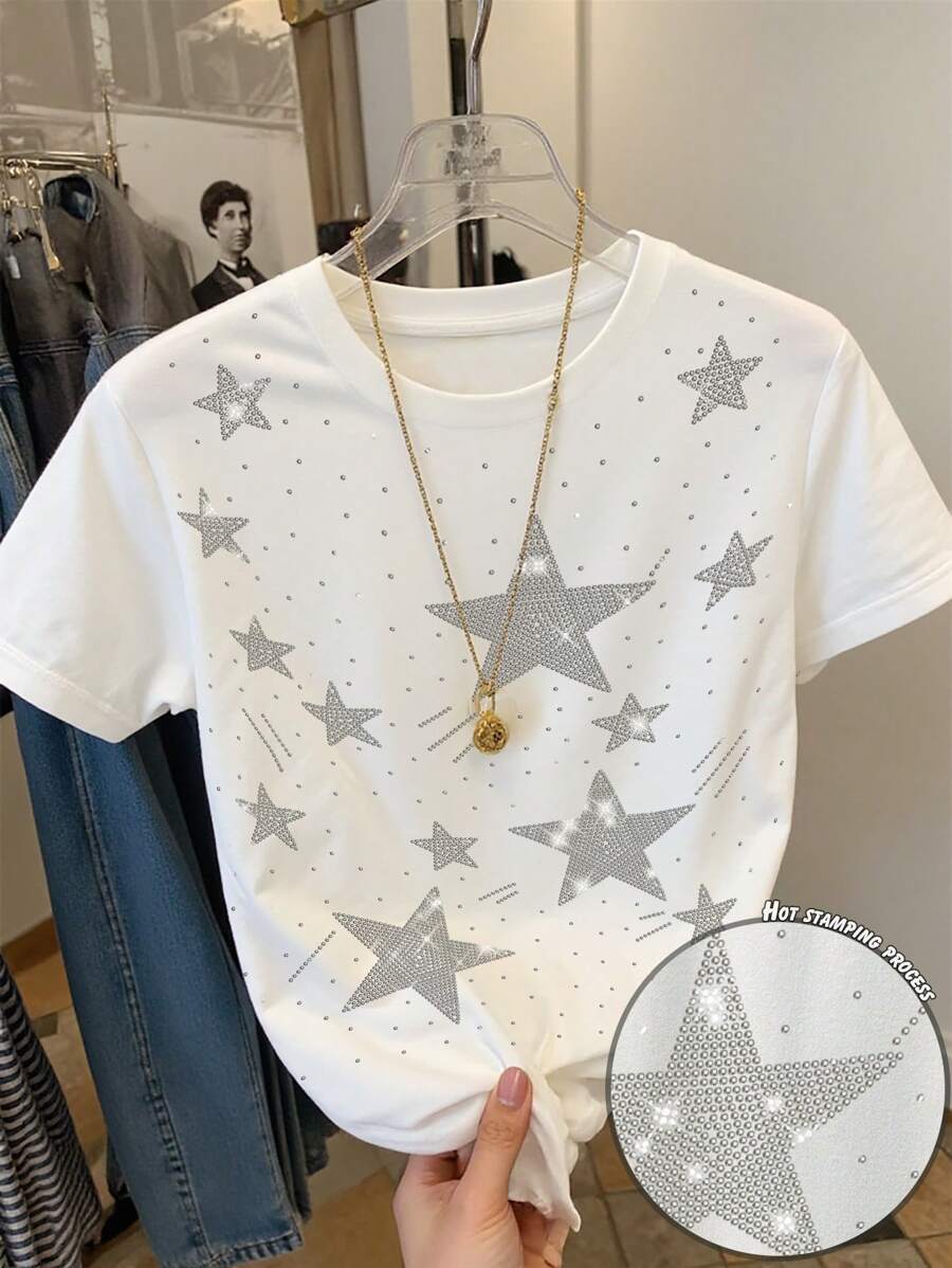 SHEIN 5-Pointed Star Studded Sparkly Women's Regular Fit Short Sleeve Crew Neck T-Shirt - White - View 1