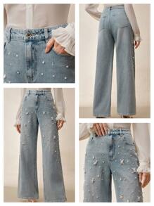 Anewsta Women Casual Distressed Crystal & Faux Pearl Straight-Leg Pants