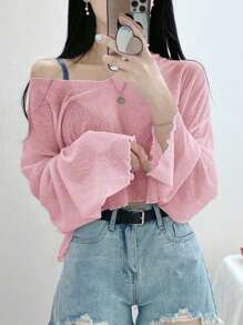 DAZY 女士宽松纯色 V 领短款 T 恤，春夏透明长袖女上衣，秋季女装短款女上衣 - 粉色 - 查看 5