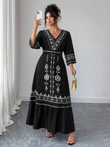 Elenzga 大码女式定位花卉印花长裙波西米亚风海滩长裙