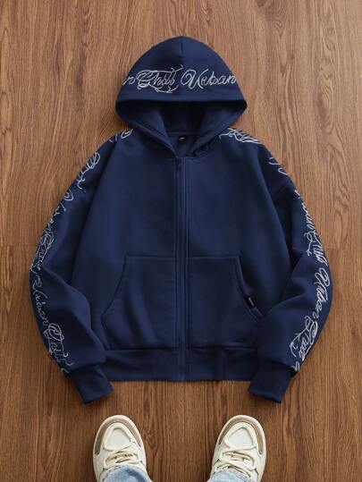 SWAVVY Sudadera con capucha de manga larga de ajuste holgado, casual y de punto con bordado en inglés para hombres, otoño e invierno