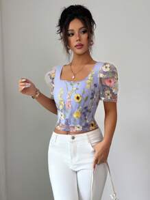 Elenzga Blusa de manga corta con cuello de volantes de malla bordada con flores, estilo elegante para el verano - Multicolor - Ver 5