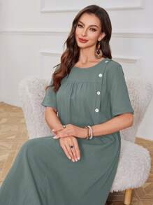 Mulvari 纯色纽扣细节长款女式连衣裙 - 薄荷綠 - 查看 3