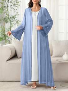 SHEIN Najma Lightweight Open Front Arabic Abaya Robe With Pearl Embroidered Trim On Cuffs And Collar, Spring/Summer - Blue - View 4