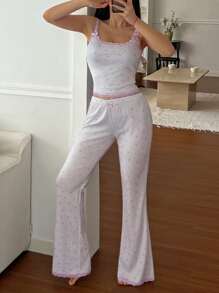 DAZY Conjunto de pijama de mujer con estampado floral pequeño y aplicaciones de encaje