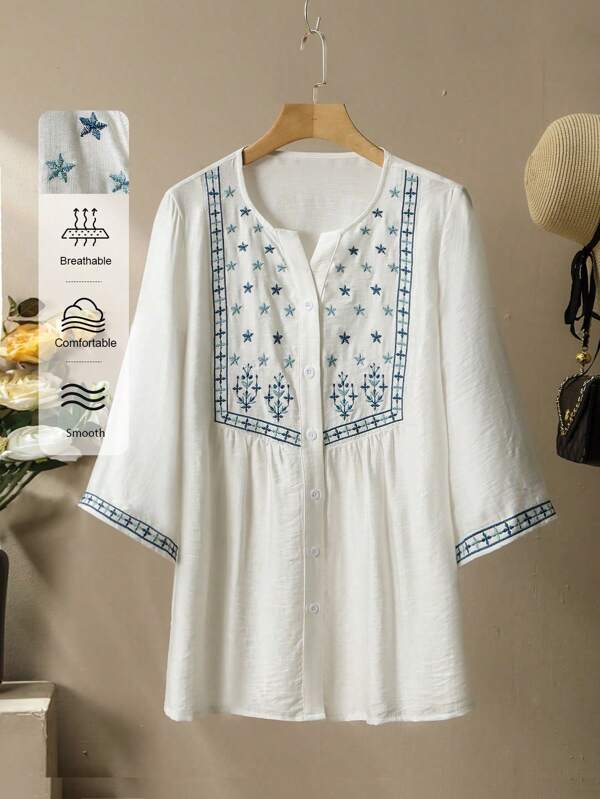 SHEIN Lacomfia V-Neck Embroidered Casual Holiday Blouse