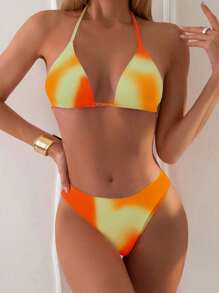 SHEIN Swim 女士夏季沙滩扎染露背性感比基尼两件套泳衣套装 - 橘色 - 查看 3