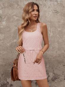 SHEIN LUNE Váy ngắn không tay vải họa tiết màu trắng mùa xuân có dây rút ở eo dành cho nữ - Hồng - Xem 5