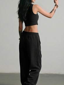 INAWLY 2pcs/Set Women Ultra Short Crop Top And Sweatpants Set - Black - View 4