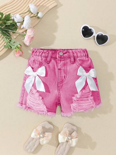 SHEIN Explorewe Young Girl' Summer High Waist Snug Fit Bowknot Ripped Denim Shorts, Sold Individually, Excluding Accessories