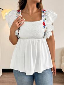 Flirla Plus Size Women's Casual Summer Ruffled Embroidered Blouse - Multicolor - View 3