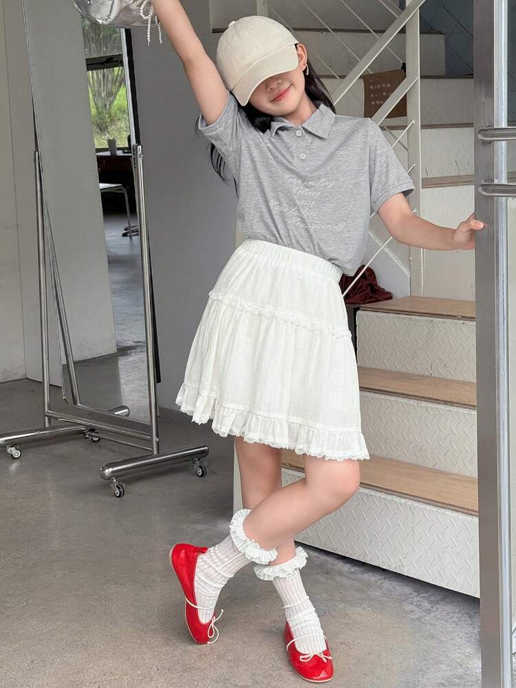 Tween Girl T-Shirt And Lace Patchwork Skirt Set, Summer