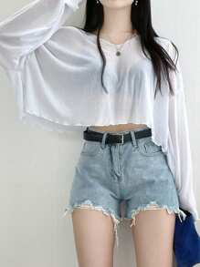 DAZY 女式宽松短款 V 领 T 恤，纯色透明长袖女式上衣，秋季女装短款女式上衣 - 白色 - 查看 7