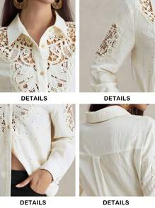Briarwyn Blusa de manga larga con bajo curvo y encaje de contraste de unicolor, para primavera/verano, verano y playa, 4 de julio, aeropuerto - Albaricoque - Ver 9