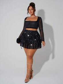 SHEIN SXY Plus Size Women Solid Color Sequin Multi-Layer Ruffle Hem Short Fashion Mini Skirt,Club Outfits Women Sexy; Sequin / Rhinestone