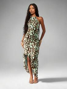 MISSGUIDED Đầm Maxi Cổ Halter In Họa Tiết Trừu Tượng Viền Không Đối Xứng Mặc Đi Nghỉ Mát Mùa Hè Ngày Lễ Bãi Biển Khách Dự Tiệc Cưới Váy Dài Thời Trang Cao Cấp - Nhiều màu - Xem 5